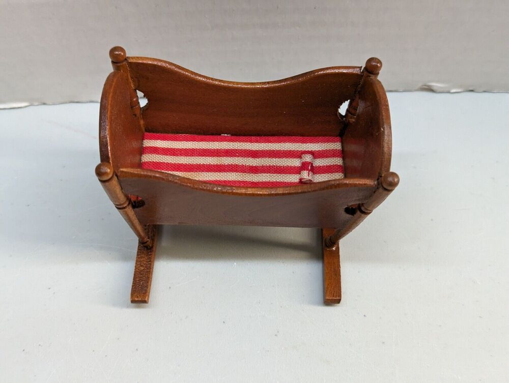 Wooden Rocking Cradle Red White Cushion Dollhouse Miniature Vintage